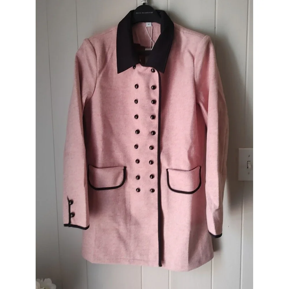 Double-Breasted Pink Coat with Black Trim Size Medium - Picture 2 of 7